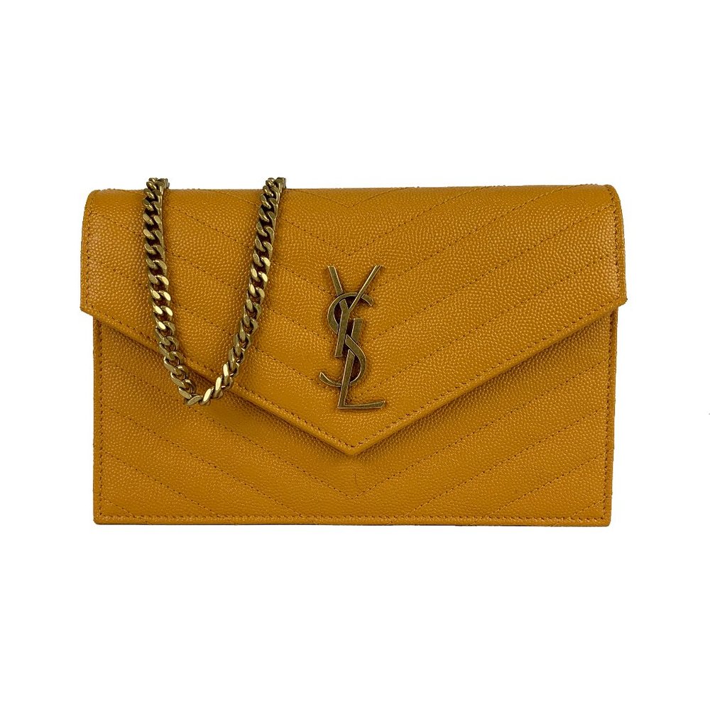 YSL Envelope Chain Wallet Chevron Calfskin Brown